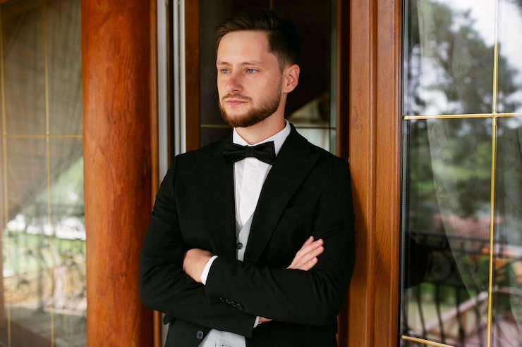 Elegancki krupier w czarnym garniturze